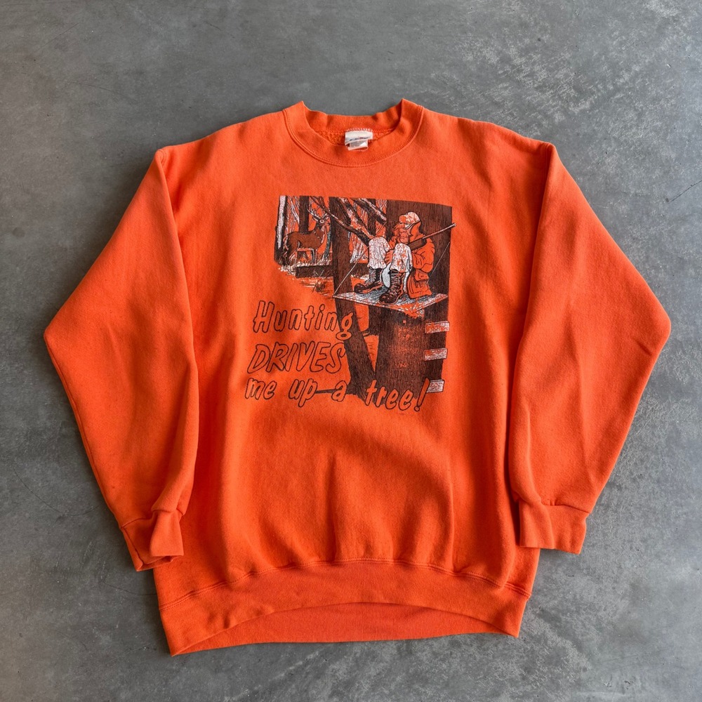 Vintage Bike Hunting Drives Me Up A Tree Sweatshirt Orange Mens Large Graphic